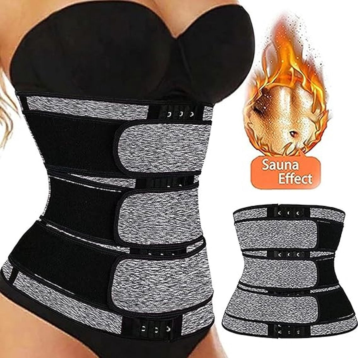 Women Sweat Reducer Training Belt - Sweatband - Waist Trainer - Slimming Belly Band - 3-Row Closure & Breathable Material - Extended Sizes (S to 6XL) - Gray, M