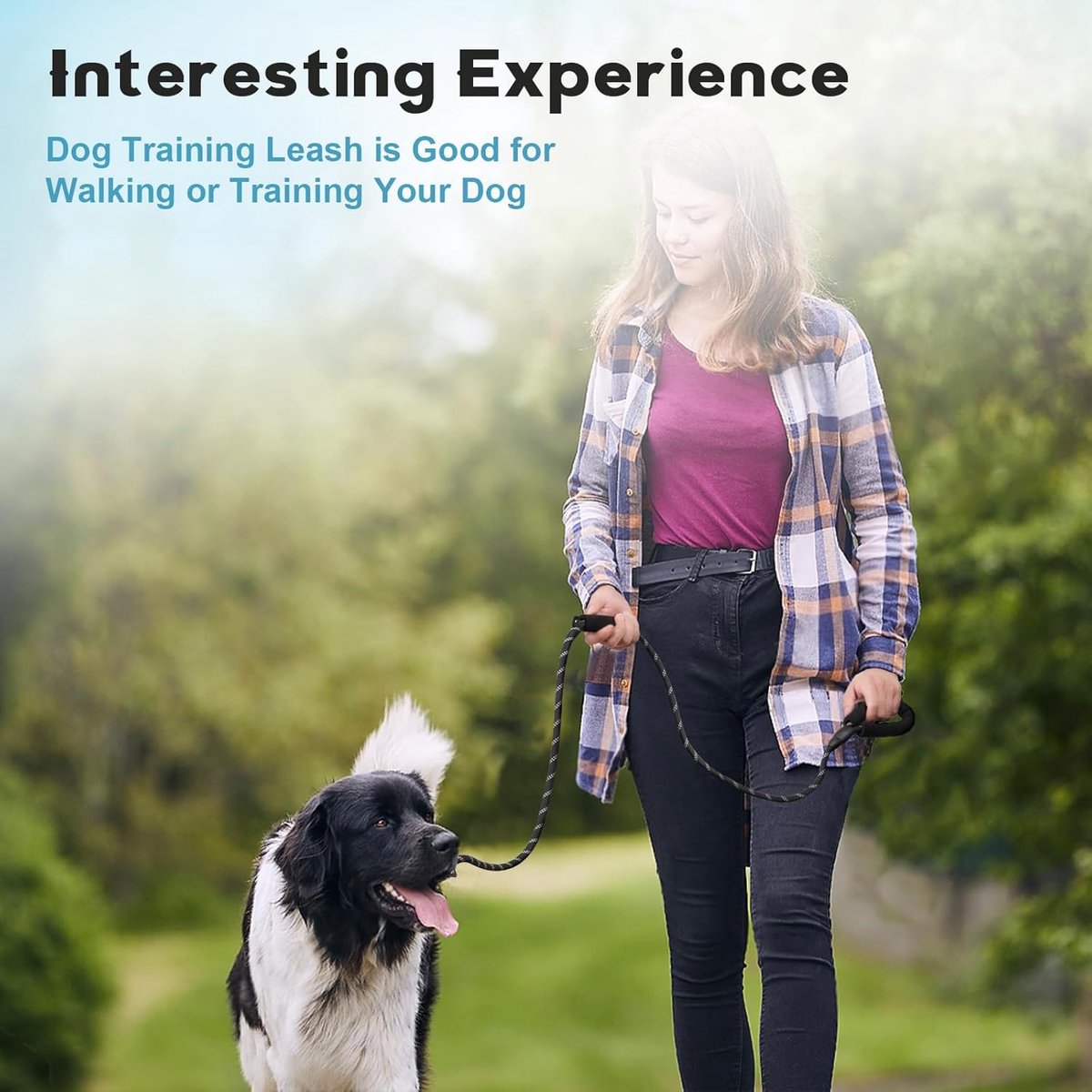 1.8m Long Dog Training Leash - Durable, tension-free polyester dog leash with two padded handles and reflective thread - For small and medium-sized dogs - Black