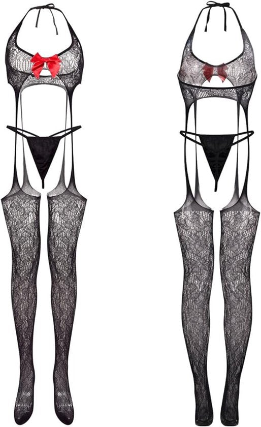 Lingerie sets - Sexy women's fishnet body with stockings - Transparent body - Lingerie set with bow and garter belt - Lace panties - Transparent babydoll lingerie with bra - Mesh nightgown with thong - Valentine's Day gift