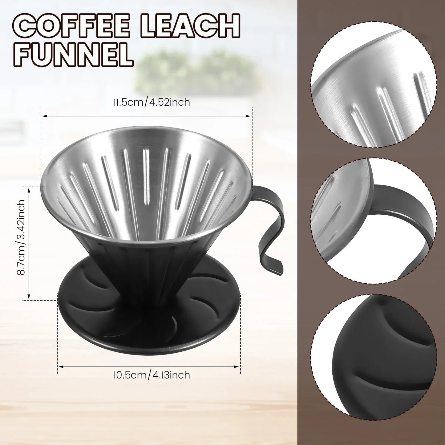 Stainless Steel Pour Over Coffee Dripper Cone Filter with Anti Scald Handle for Hand Brew Coffee, Black, Stainless Steel Construction
