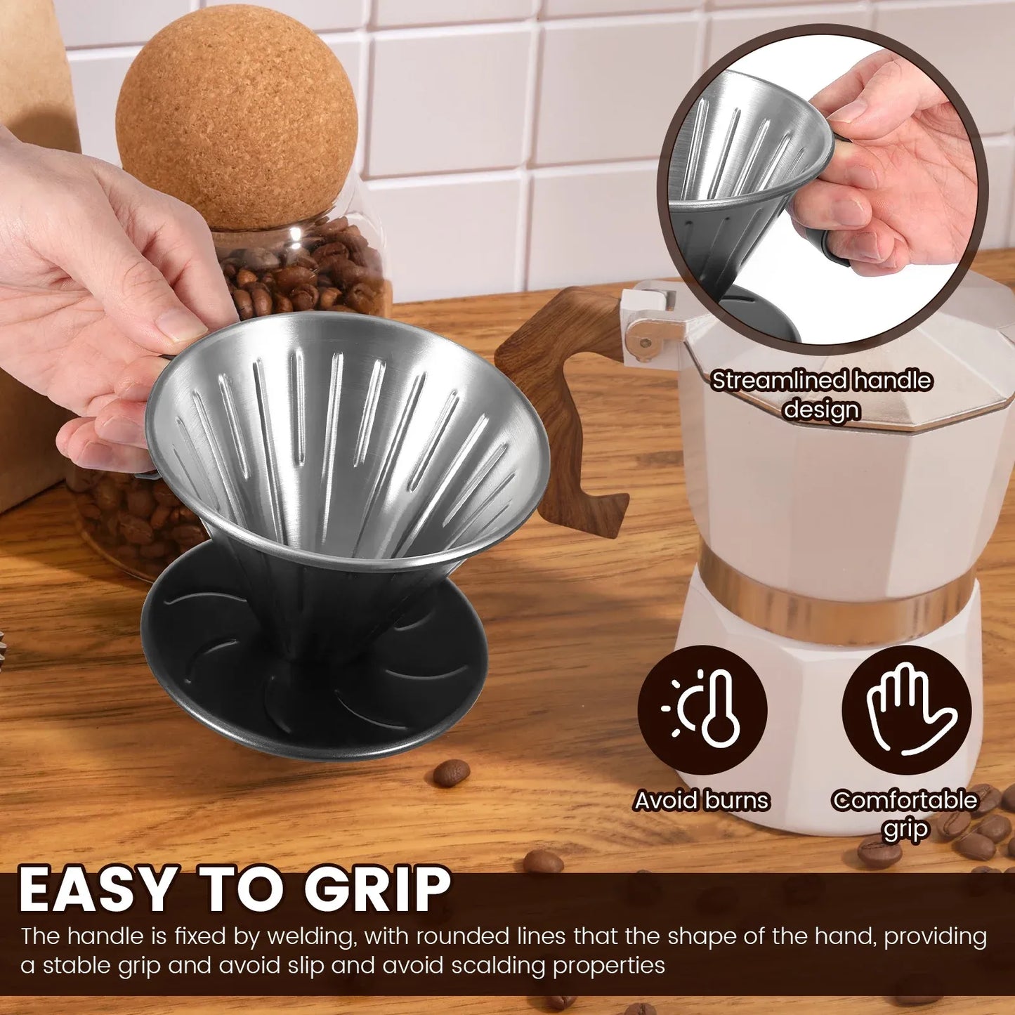 Stainless Steel Pour Over Coffee Dripper Cone Filter with Anti Scald Handle for Hand Brew Coffee, Black, Stainless Steel Construction