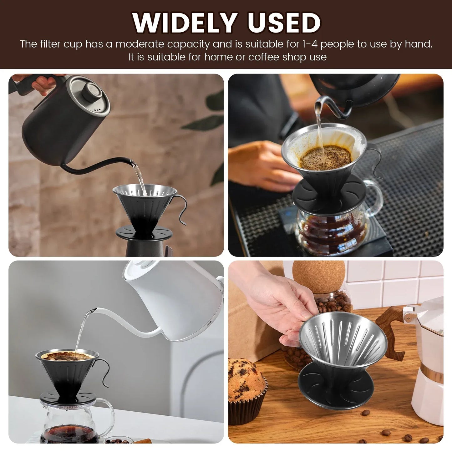 Stainless Steel Pour Over Coffee Dripper Cone Filter with Anti Scald Handle for Hand Brew Coffee, Black, Stainless Steel Construction