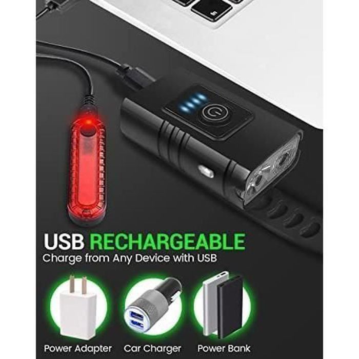 1600 Lumen USB Rechargeable Bike Light Set, IPX5 Waterproof Front Headlight and Rear Taillight with 6 Front and 4 Rear LEDs