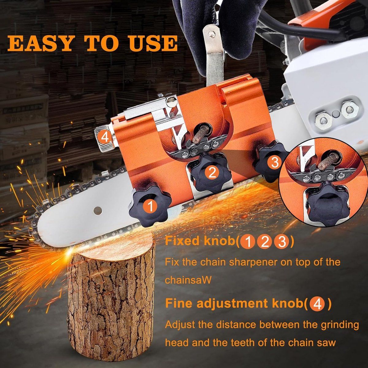 Chainsaw Sharpener Kit with 5 Sharpening Heads, 7 x 6 x 2.8 cm Chain Sharpening Tool for Chainsaws and Electric Saws