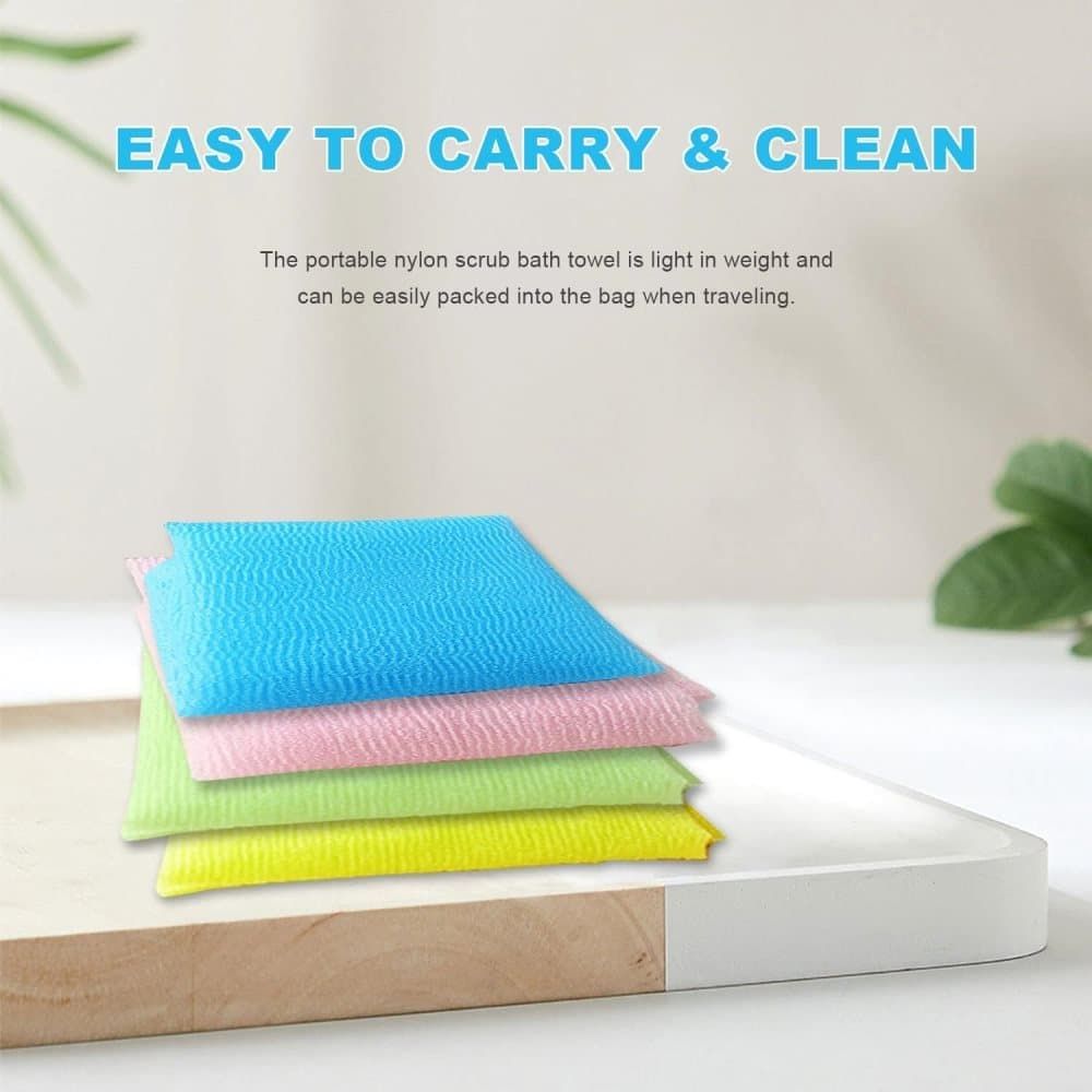 4 Pack Multicolor Nylon Japanese Exfoliating Shower Towels, Long Body Scrub Washcloths for Bath, Body Cleansing and Massage