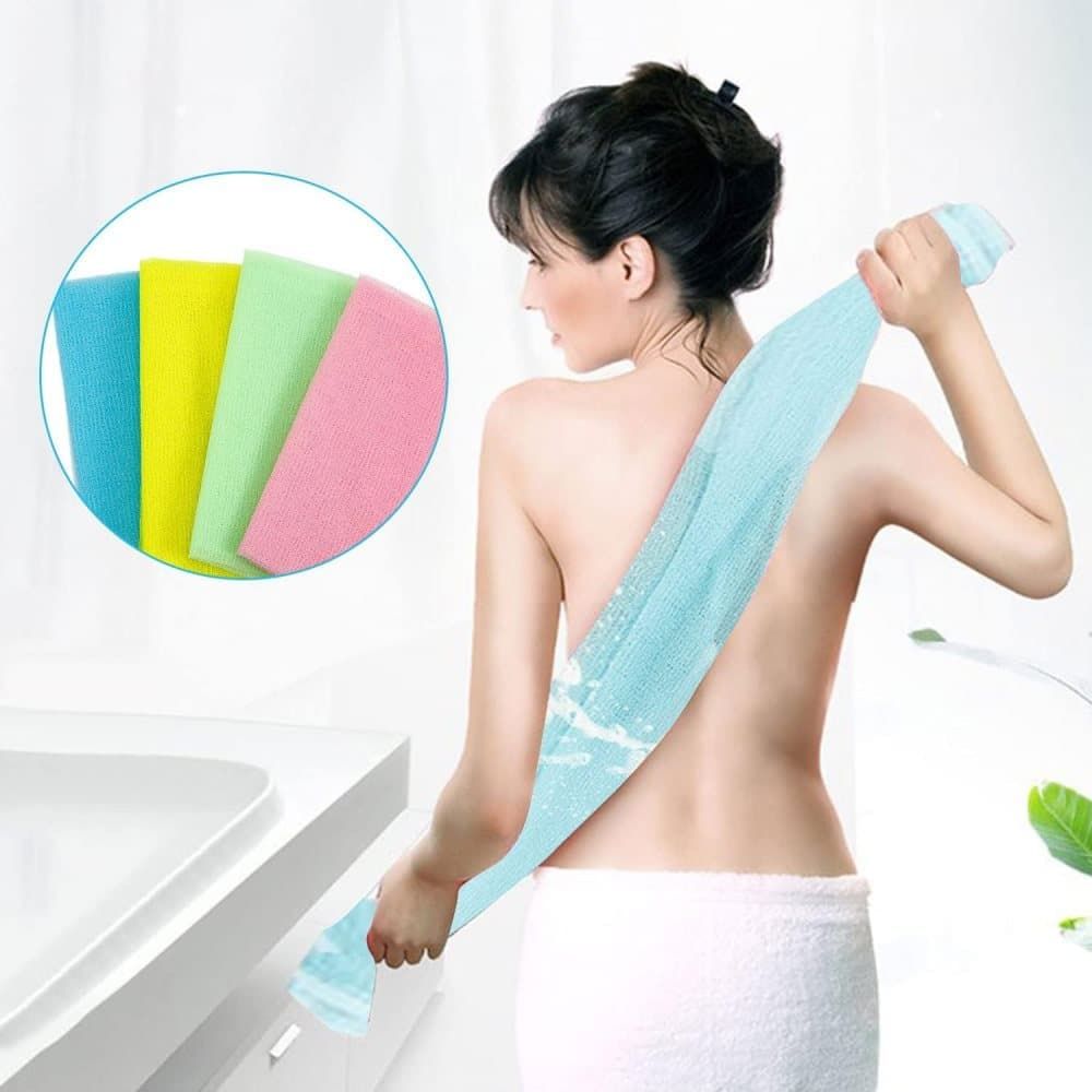 4 Pack Multicolor Nylon Japanese Exfoliating Shower Towels, Long Body Scrub Washcloths for Bath, Body Cleansing and Massage