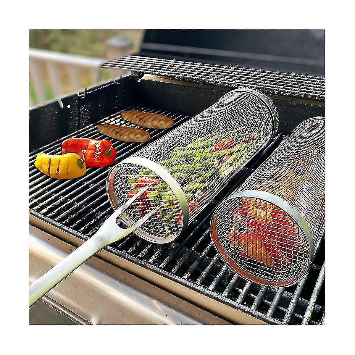 2 Pack Stainless Steel Rolling Grill Baskets, Round BBQ Mesh Cages for Vegetables, Meat, Fish and Outdoor Grilling