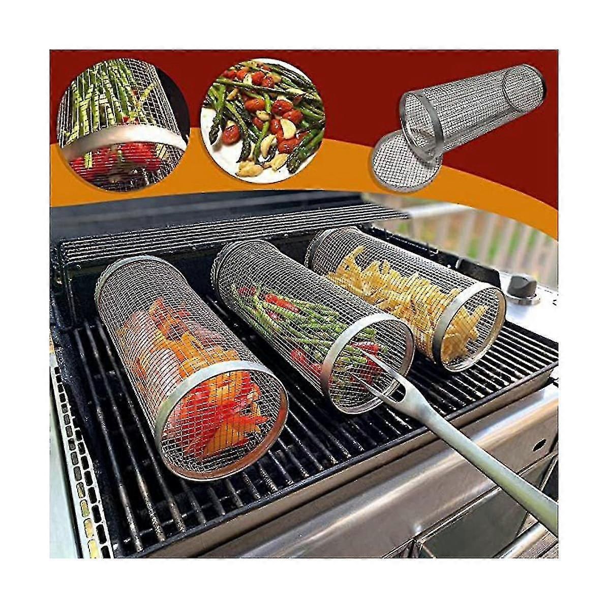 2 Pack Stainless Steel Rolling Grill Baskets, Round BBQ Mesh Cages for Vegetables, Meat, Fish and Outdoor Grilling