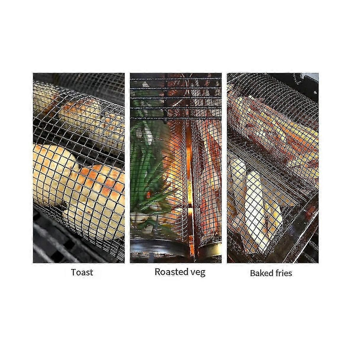 2 Pack Stainless Steel Rolling Grill Baskets, Round BBQ Mesh Cages for Vegetables, Meat, Fish and Outdoor Grilling
