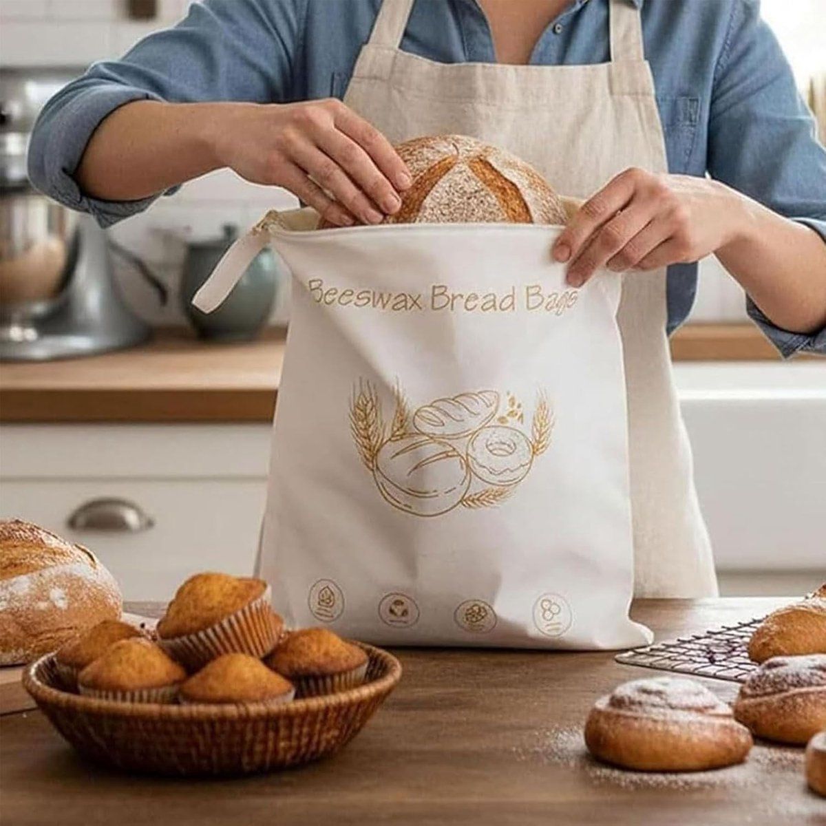 Reusable Beeswax Bread Storage Bag with Zipper, 43 x 33 cm Cotton Food Bag for Bread, Produce and Kitchen Storage
