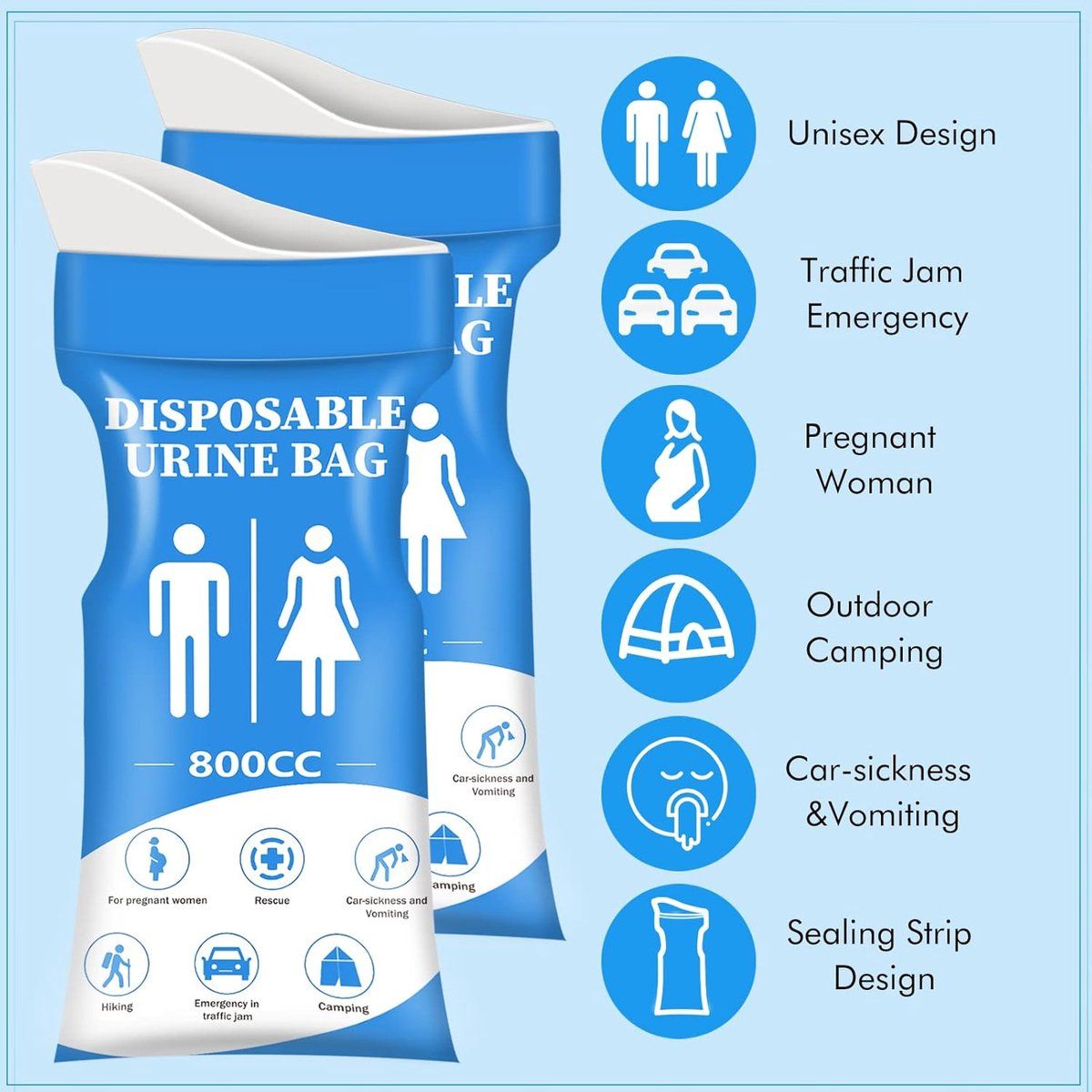 12 Pack Disposable Urine Bags, 800 ml Leakproof Absorbent Emergency Toilet Bags for Car, Camping, Travel and Outdoor Use