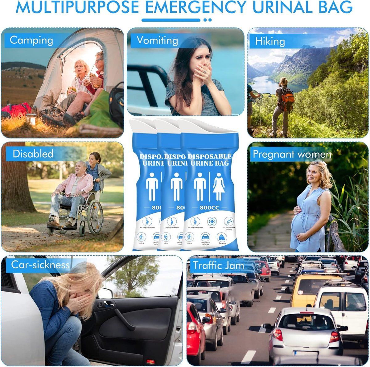 12 Pack Disposable Urine Bags, 800 ml Leakproof Absorbent Emergency Toilet Bags for Car, Camping, Travel and Outdoor Use
