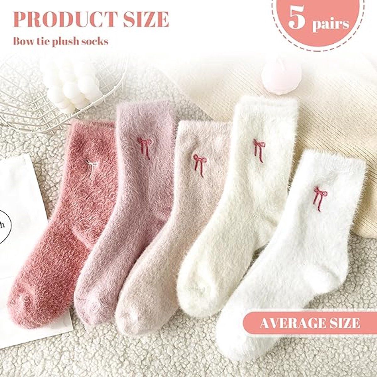 5 Pairs Women's Plush Bow Socks, Thick Warm Fuzzy Winter Home Socks for Lounging, Sleeping and Cold Weather Comfort