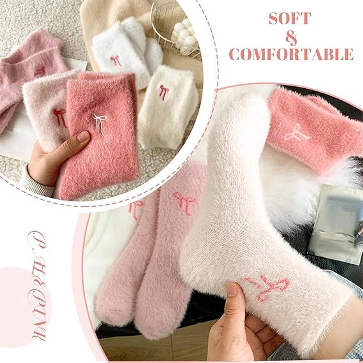 5 Pairs Women's Plush Bow Socks, Thick Warm Fuzzy Winter Home Socks for Lounging, Sleeping and Cold Weather Comfort