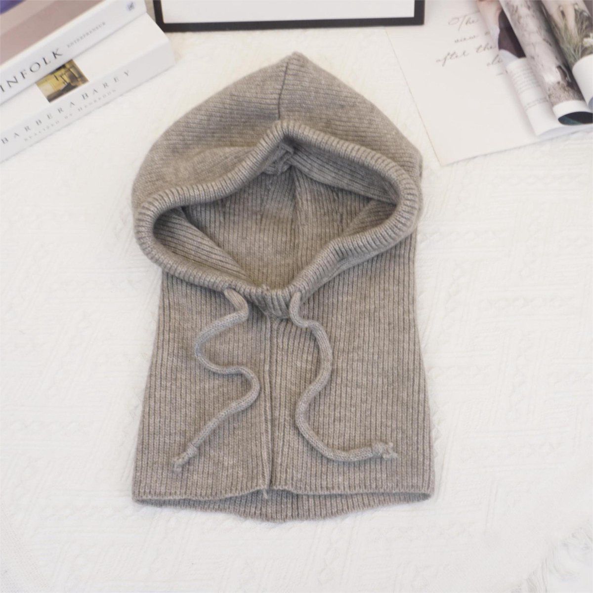 Women's Gray Knit Hood Scarf with Drawstring, Windproof Balaclava Neck Warmer for Winter Skiing, Riding and Motorcycling