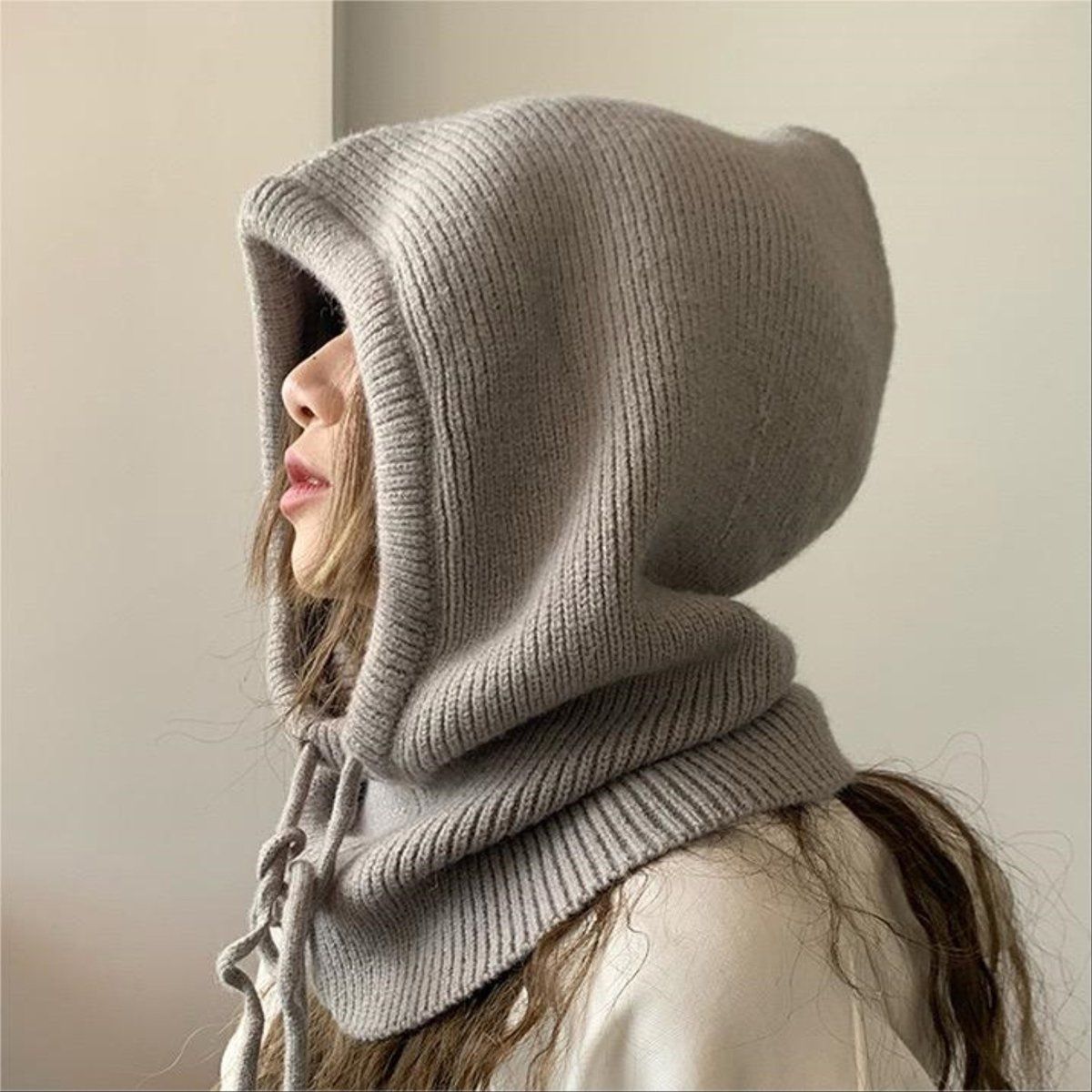 Women's Gray Knit Hood Scarf with Drawstring, Windproof Balaclava Neck Warmer for Winter Skiing, Riding and Motorcycling