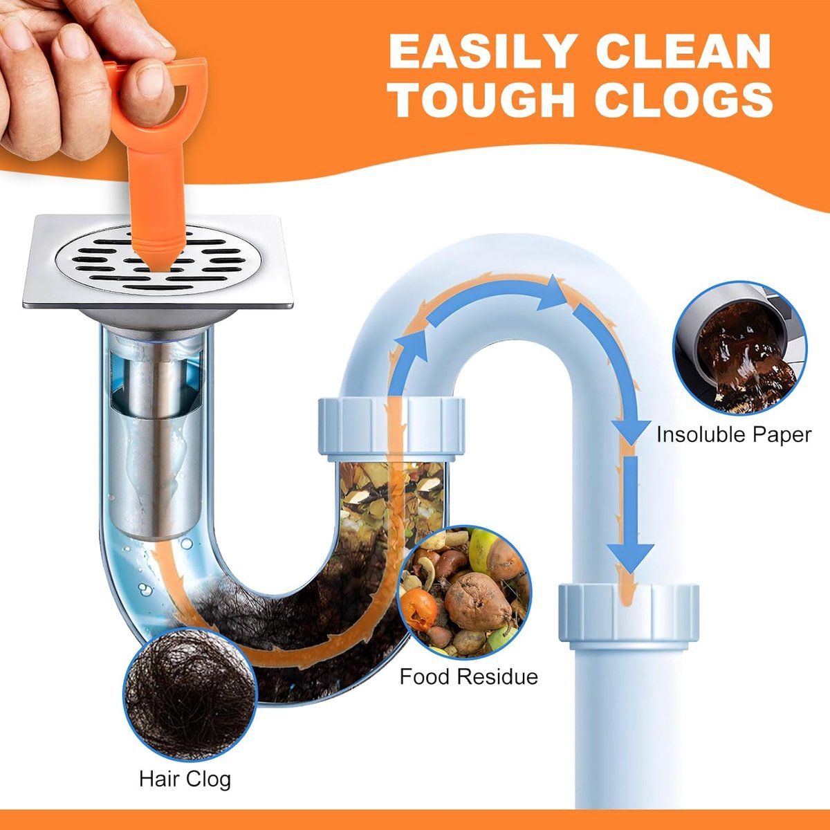 6 Pack 50 cm Drain Snake Hair Removers, Flexible Drain Cleaning Tools for Shower, Sink, Washbasin and Bathtub Clogs