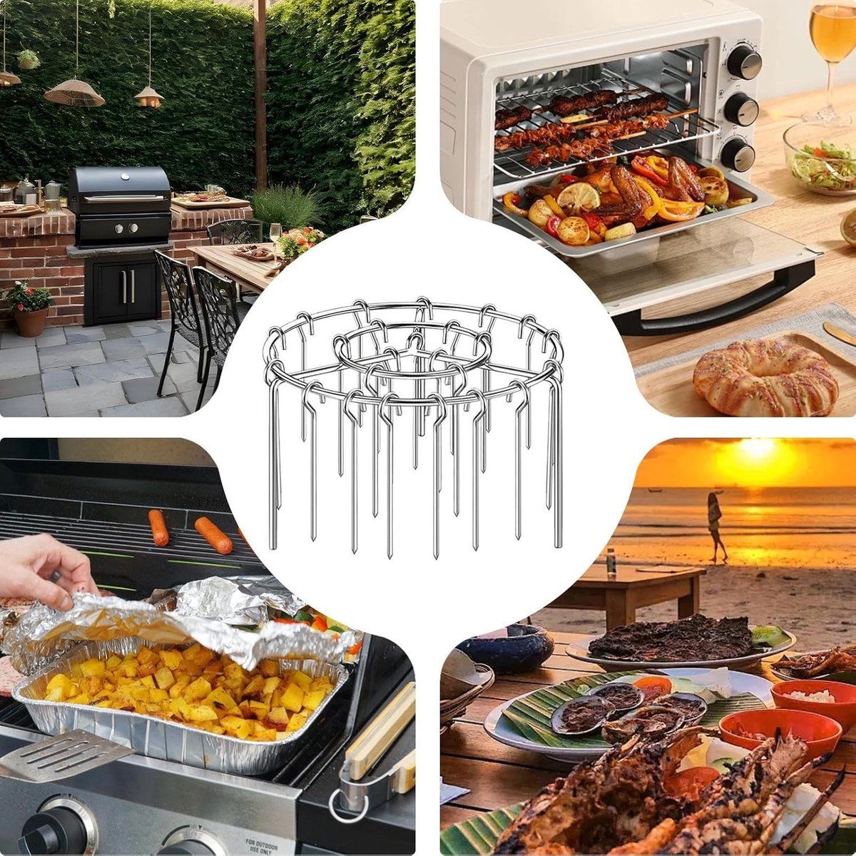 Stainless Steel Air Fryer Skewer Rack, Vertical BBQ Kebab Holder with 360 Degree Air Circulation, 16 x 10 cm for Oven Cooking