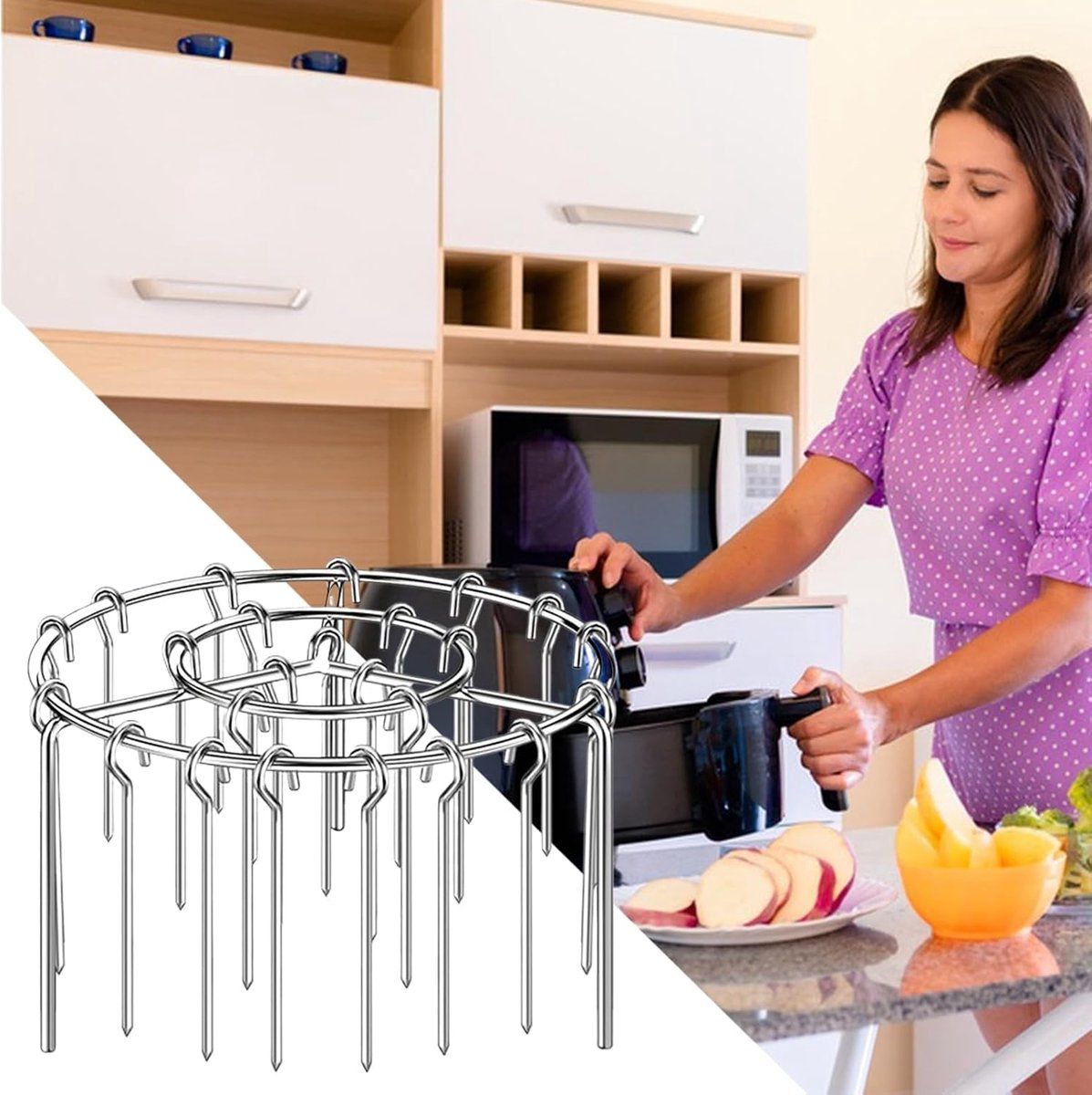 Stainless Steel Air Fryer Skewer Rack, Vertical BBQ Kebab Holder with 360 Degree Air Circulation, 16 x 10 cm for Oven Cooking