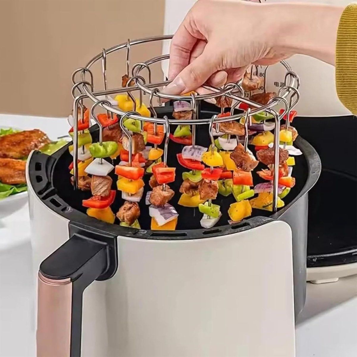 Stainless Steel Air Fryer Skewer Rack, Vertical BBQ Kebab Holder with 360 Degree Air Circulation, 16 x 10 cm for Oven Cooking