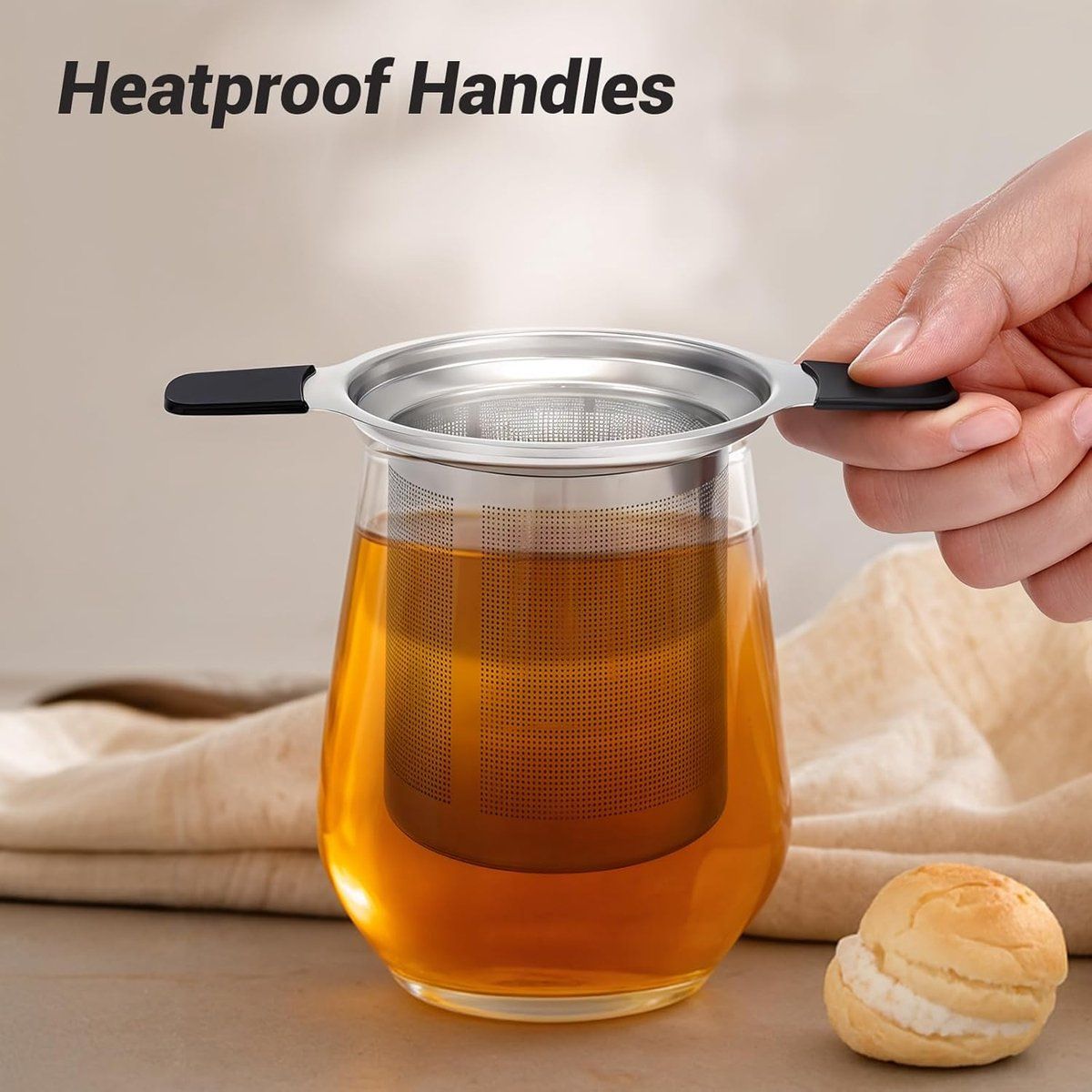 Stainless Steel Tea Strainer, Fine Mesh Loose Leaf Tea Filter with Heat Resistant Handle for Teapots, Mugs and Tea Cups