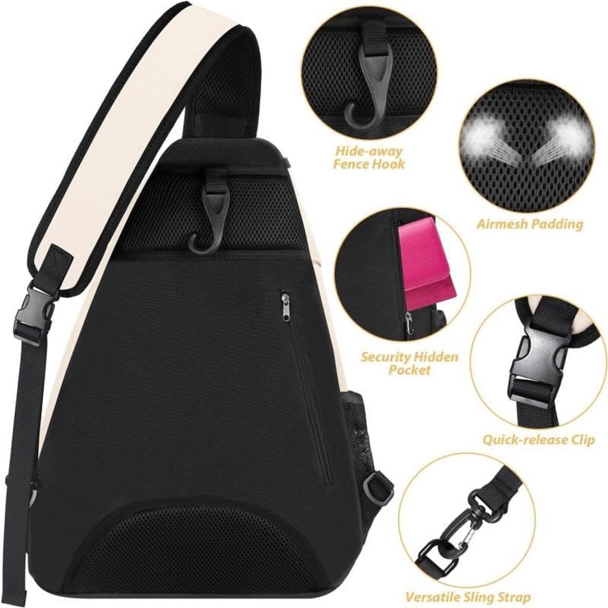 Pink Tennis Sling Backpack, Water Resistant Crossbody Racket Bag for Tennis, Pickleball and Badminton, Lightweight Unisex Design