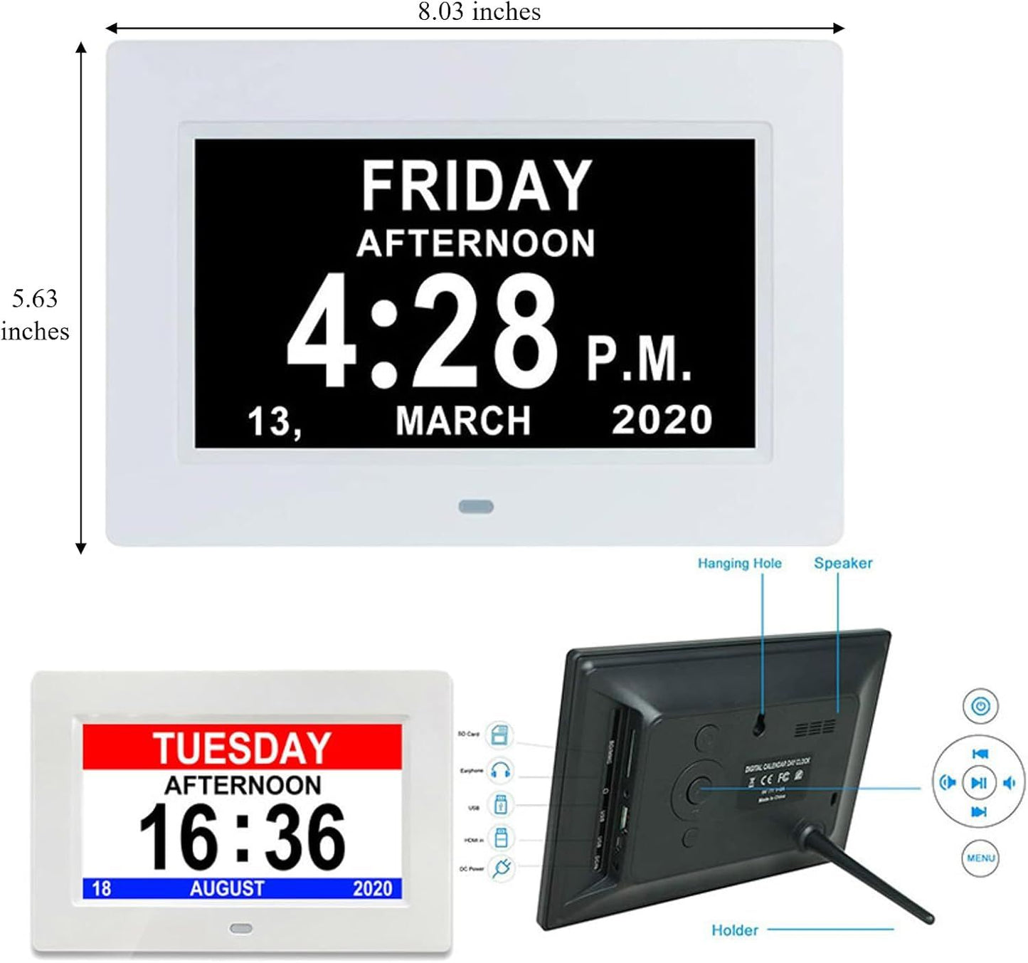 7" Large Display Digital Clock with Detailed Time & Date, Multiple Alarm Reminders,Language Options, Designed specifically for the elderly(White)