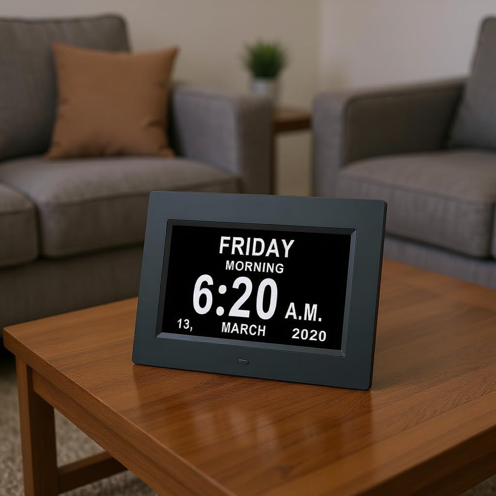 7" Large Display Digital Clock with Detailed Time & Date, Multiple Alarm Reminders,Language Options, Designed specifically for the elderly(Black)