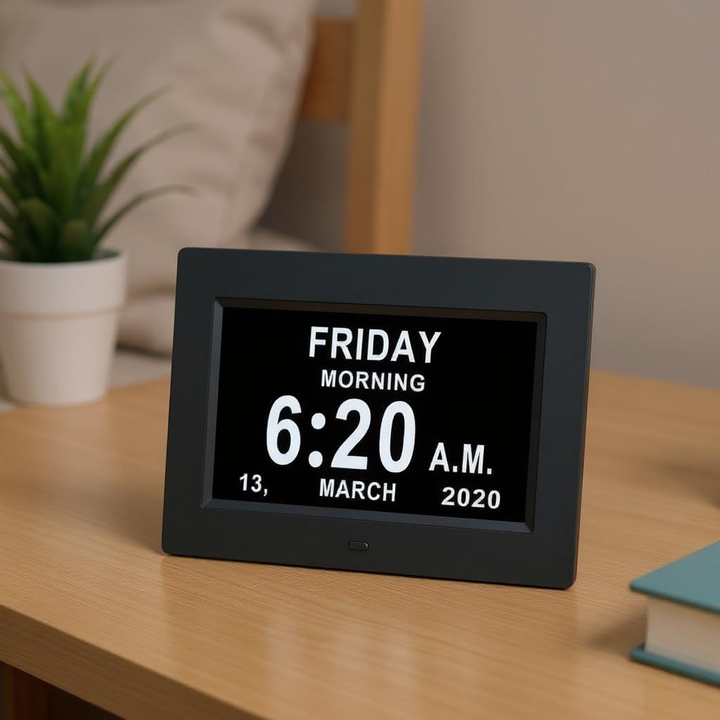 7" Large Display Digital Clock with Detailed Time & Date, Multiple Alarm Reminders,Language Options, Designed specifically for the elderly(Black)