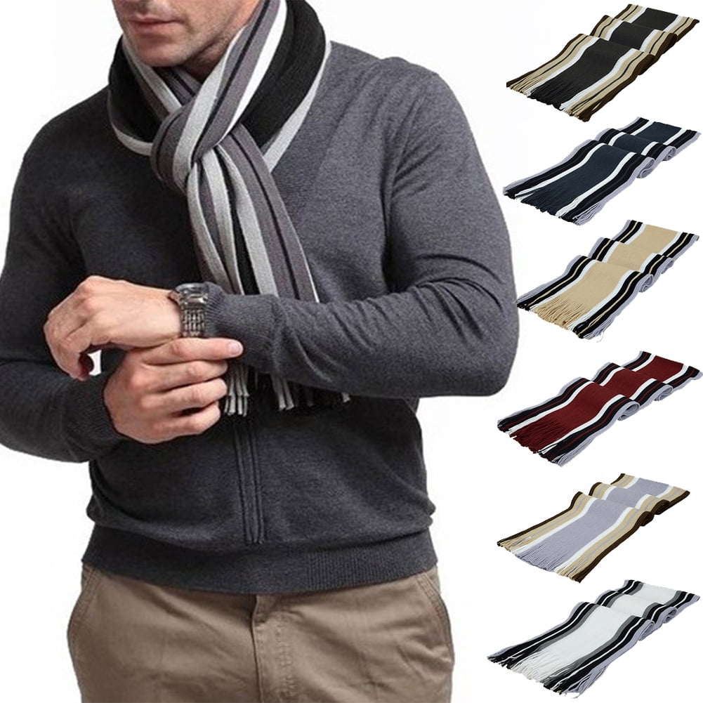 Men's Winter Scarf - Classic Striped Tassel Edge Soft Warm Scarf, Woolen Yarn Knitted Scarf Light Grey
