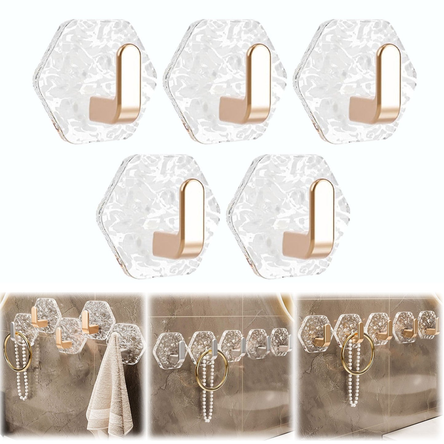 Wall Mount Hooks Hexagon Adhesive Hooks with Water Design No Drill Wall Hanging Storage Rack Damage Sticky Hooks for Kitchen Bathroom Towel Hanging(5Pc) One Size Gold