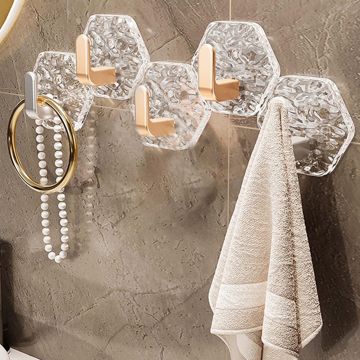 Wall Mount Hooks Hexagon Adhesive Hooks with Water Design No Drill Wall Hanging Storage Rack Damage Sticky Hooks for Kitchen Bathroom Towel Hanging(5Pc) One Size Gold