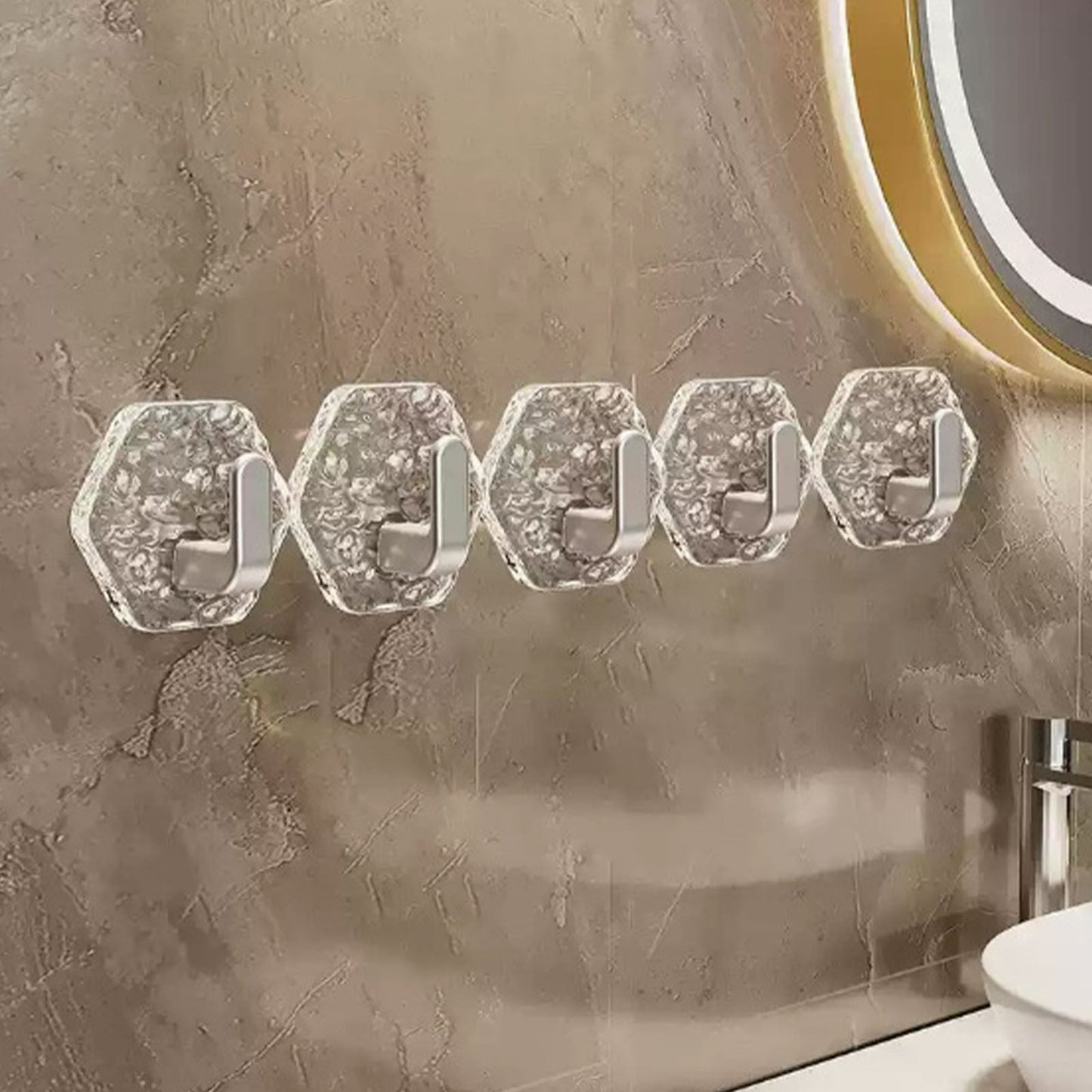 Wall Mount Hooks Hexagon Adhesive Hooks with Water Design No Drill Wall Hanging Storage Rack Damage Sticky Hooks for Kitchen Bathroom Towel Hanging(5Pc) One Size Gold