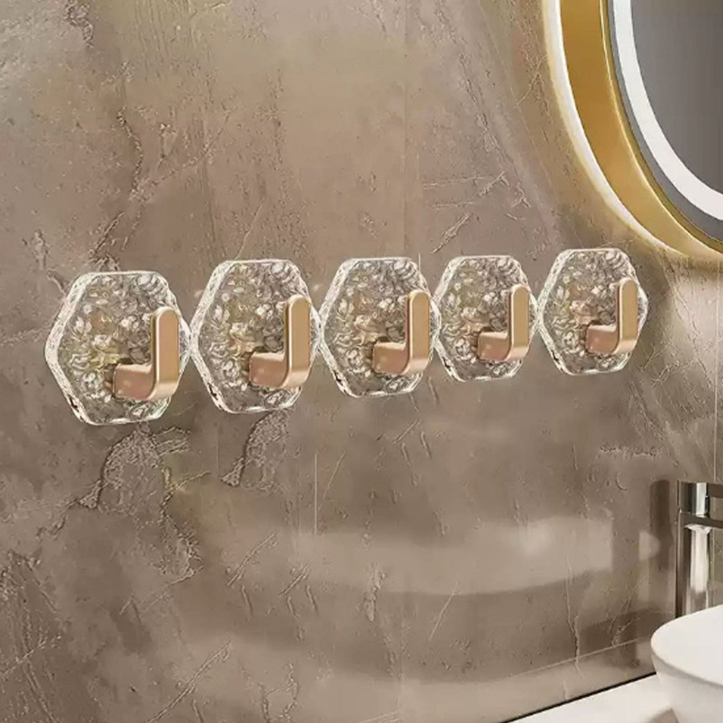 Wall Mount Hooks Hexagon Adhesive Hooks with Water Design No Drill Wall Hanging Storage Rack Damage Sticky Hooks for Kitchen Bathroom Towel Hanging(5Pc) One Size Gold