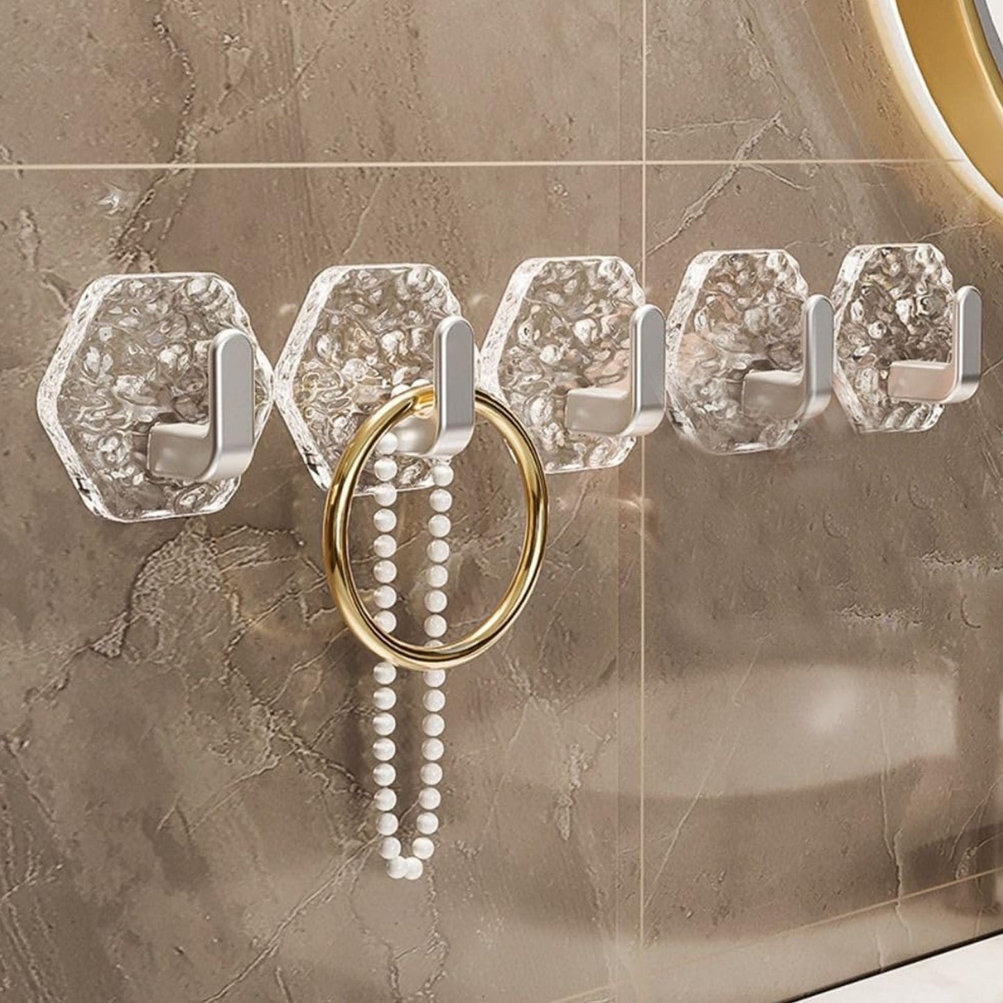 Wall Mount Hooks Hexagon Adhesive Hooks with Water Design No Drill Wall Hanging Storage Rack Damage Sticky Hooks for Kitchen Bathroom Towel Hanging(5Pc) One Size Gold