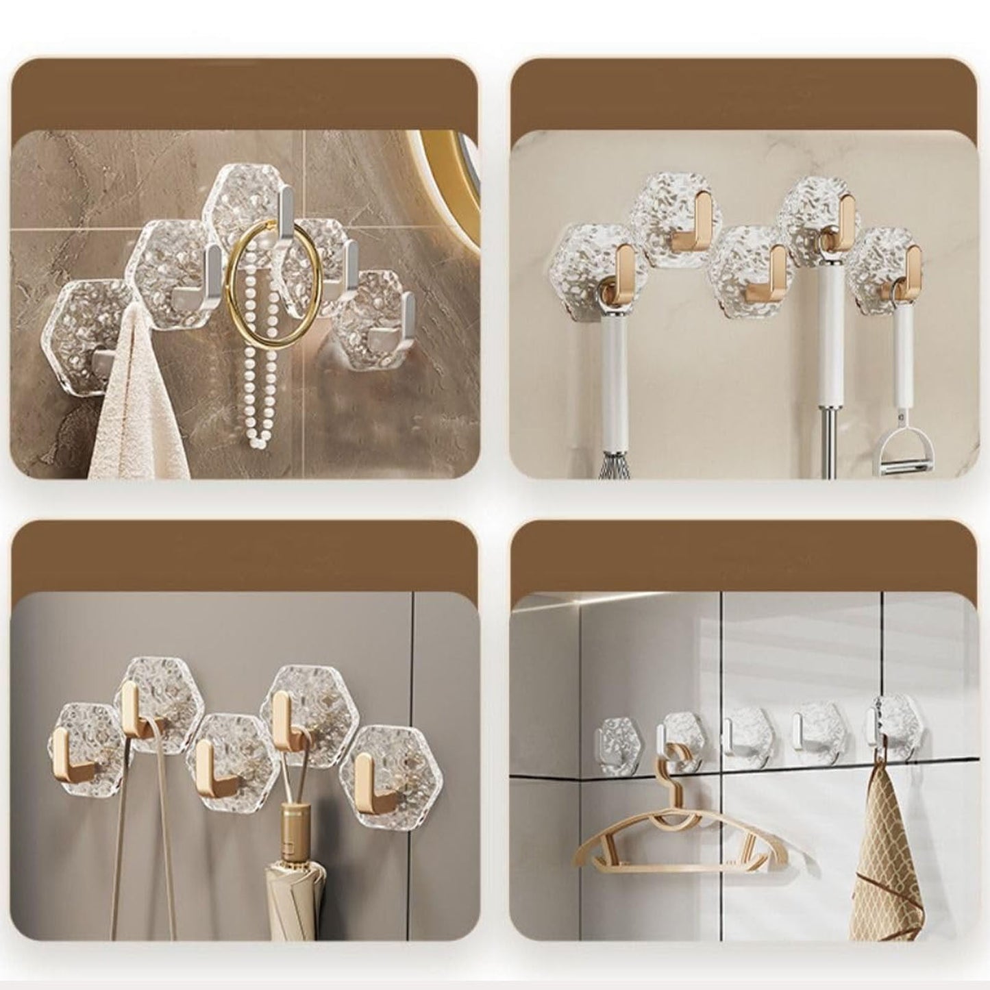 Wall Mount Hooks Hexagon Adhesive Hooks with Water Design No Drill Wall Hanging Storage Rack Damage Sticky Hooks for Kitchen Bathroom Towel Hanging(5Pc) One Size Gold