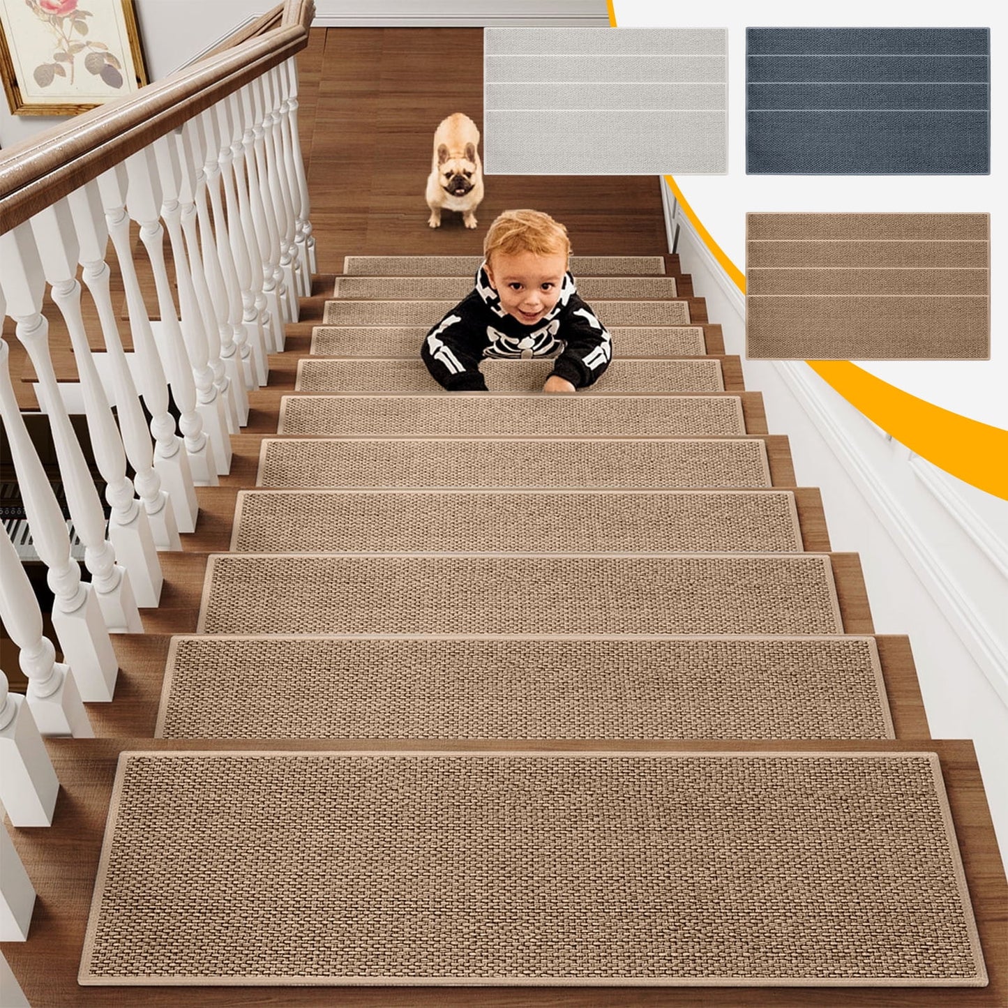 4-Piece Non-Slip Stair Treads, Self-Adhesive Striped Carpet Mats, Absorbent & Quiet Step Pads, Can Be Cut to Fit, Washable for Indoor Staircase Safety\u200b\u200b Gray 2