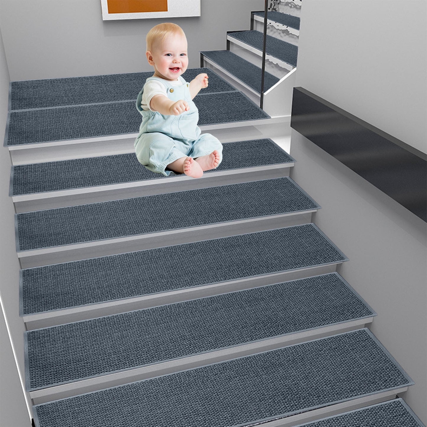 4-Piece Non-Slip Stair Treads, Self-Adhesive Striped Carpet Mats, Absorbent & Quiet Step Pads, Can Be Cut to Fit, Washable for Indoor Staircase Safety\u200b\u200b Gray 2