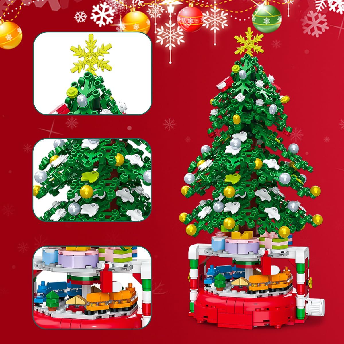 Christmas Tree Building Block Set, 220 Pieces, Rotating Base with Ornaments and Star, Holiday Building Toy, Stocking Stuffers for Kids, Gifts for Boys & Girls（Assembly completed size27.7*14.6cm）