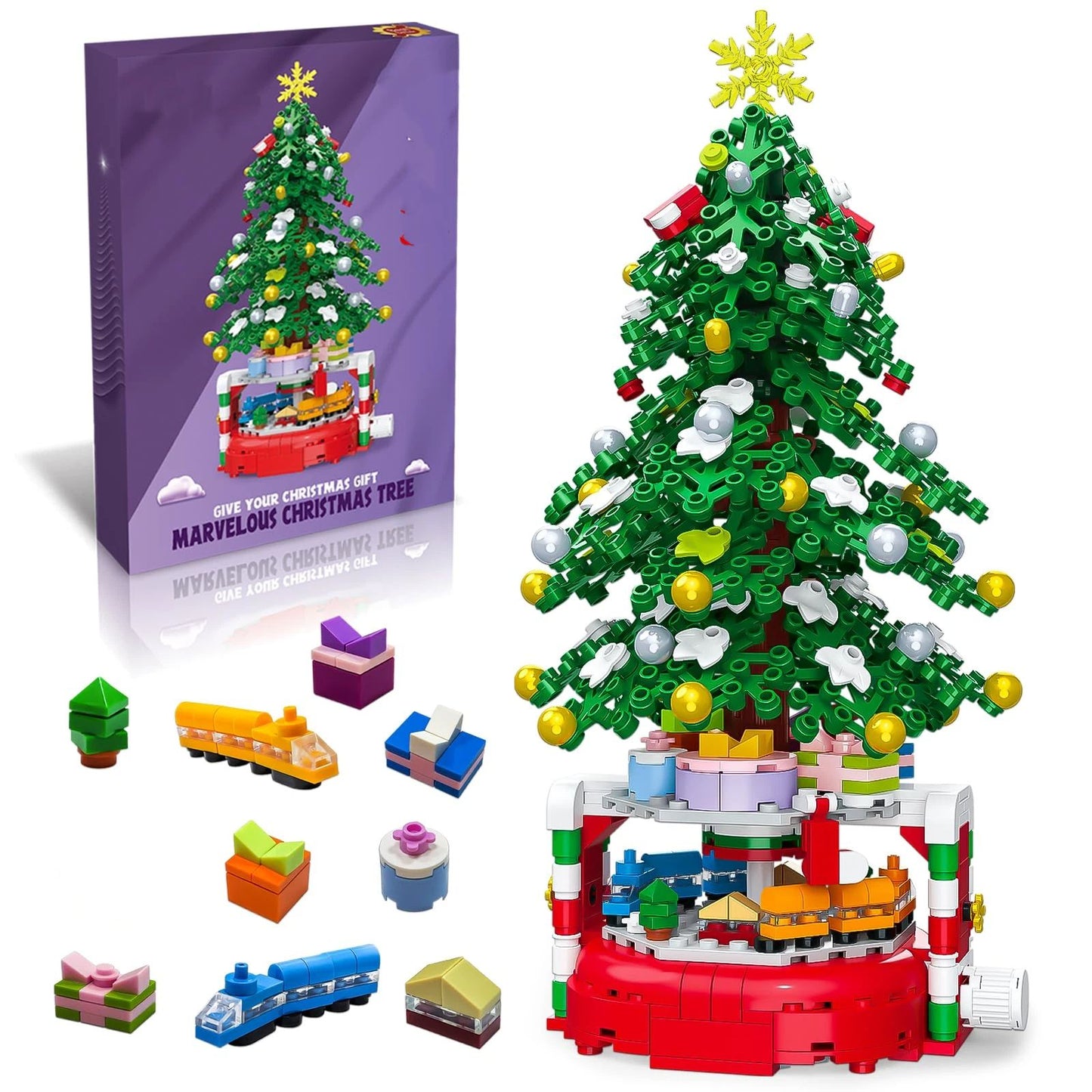 Christmas Tree Building Block Set, 220 Pieces, Rotating Base with Ornaments and Star, Holiday Building Toy, Stocking Stuffers for Kids, Gifts for Boys & Girls（Assembly completed size27.7*14.6cm）