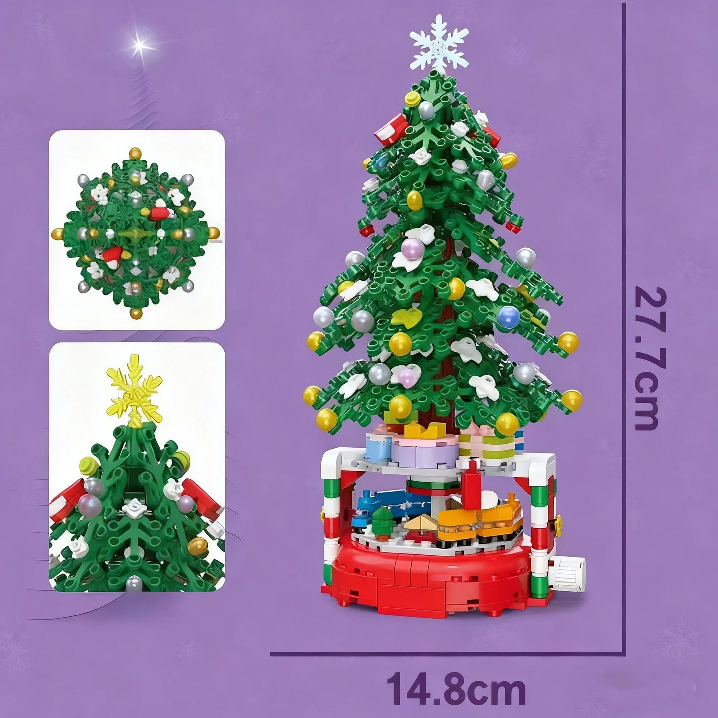 Christmas Tree Building Block Set, 220 Pieces, Rotating Base with Ornaments and Star, Holiday Building Toy, Stocking Stuffers for Kids, Gifts for Boys & Girls（Assembly completed size27.7*14.6cm）