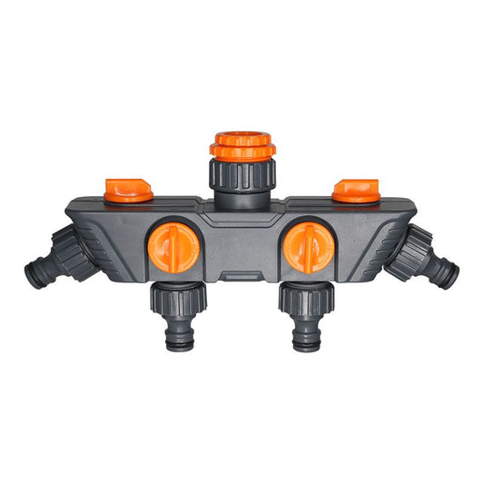 4-Way Distributor, 4 Ports, Orange, Metal/Plastic, Ball Valve, Garden Valve, Connector, Distributor