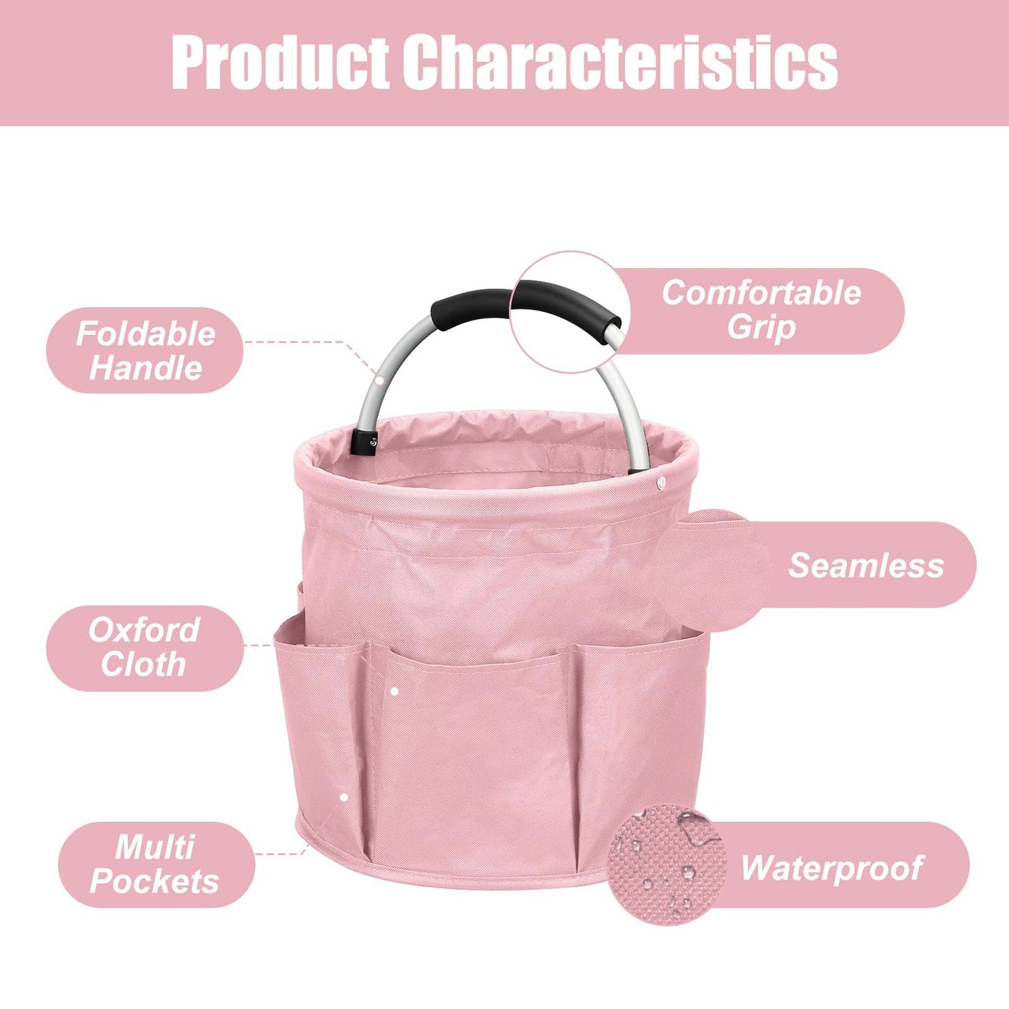 17L portable shower bucket with 6 side pockets, foldable cleaning cart with handle, multifunctional storage basket for showering and picnicking, pink