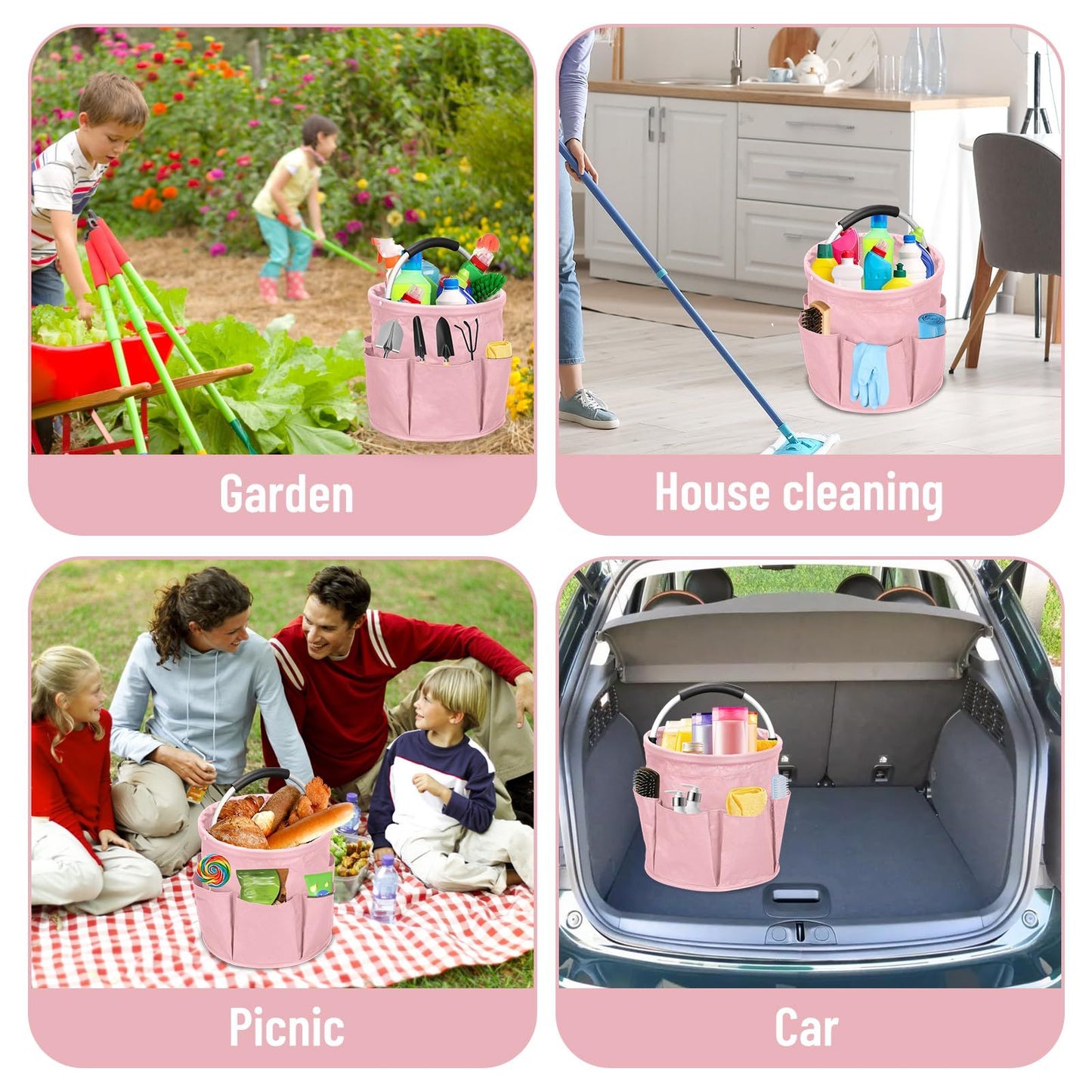 17L portable shower bucket with 6 side pockets, foldable cleaning cart with handle, multifunctional storage basket for showering and picnicking, pink