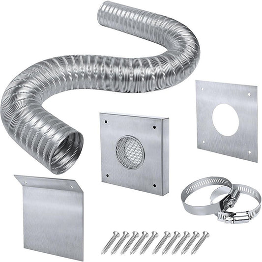 Pellet Stove Fresh Air Intake Kit, 2" x 60" Outside Cold Air Kit for Pellet Stove Pipe, Aluminum Flex Vent Pipe for Corn with Wall Plate Screen & Screw Hose Clamps