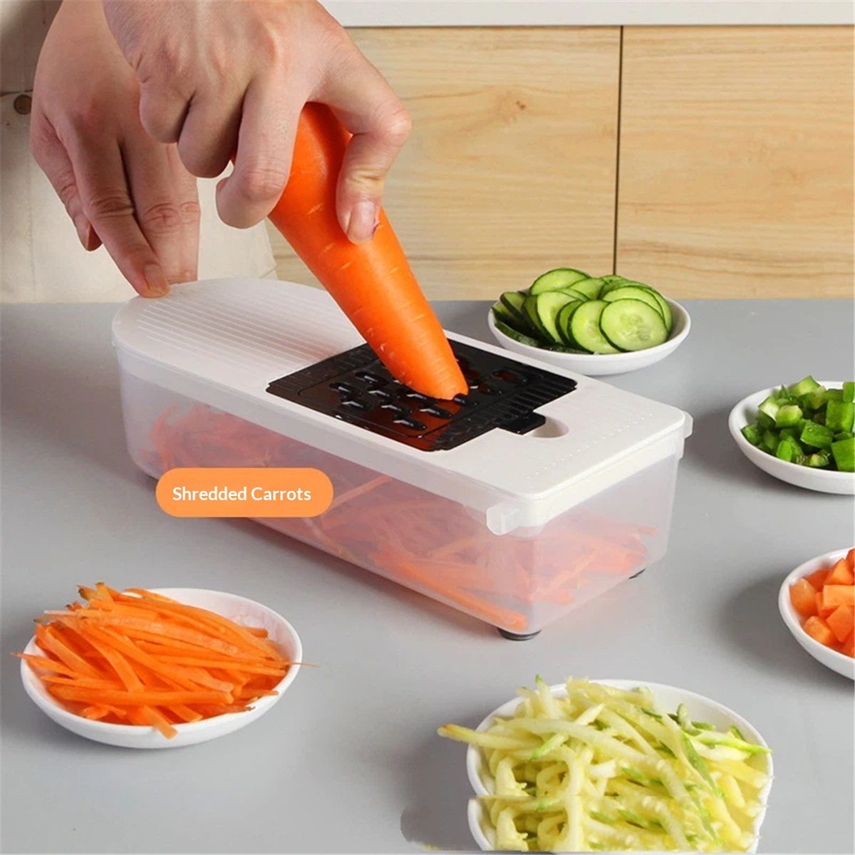 Vegetable and Fruit Chopper with  Base, Stainless Steel Blades, Dishwasher Safe Veggie Slicer, Dicer, Cutter for Onions, Potatoes, and More - White Container Included
