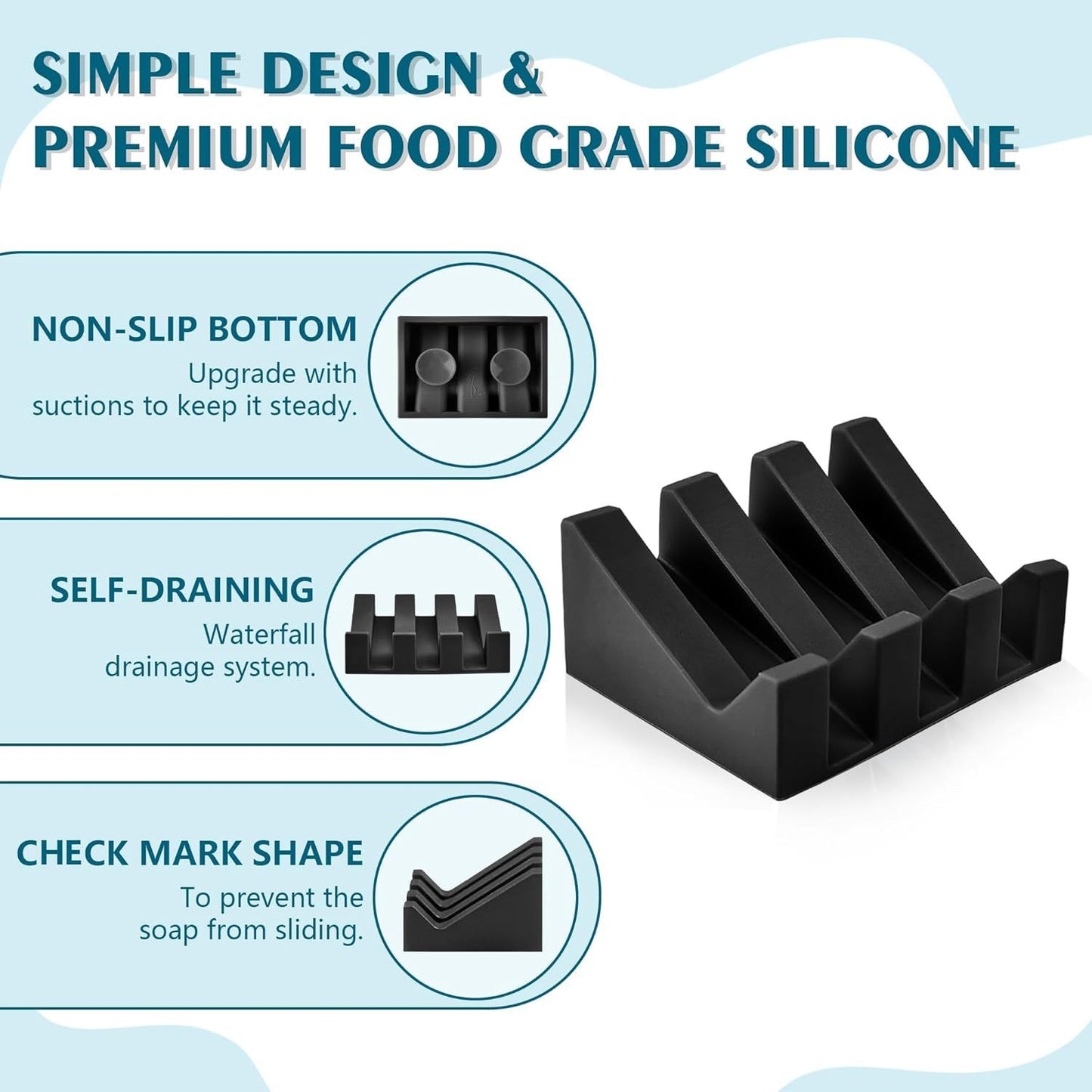 Self Draining Soap Dish,Silicone Suction Cup Soap Holder, Bathroom Soap Dish for Bar Soap,Can Extend Soap Life,Bathroom, Bath Tub, Kitchen Sink Black - 2 Pack