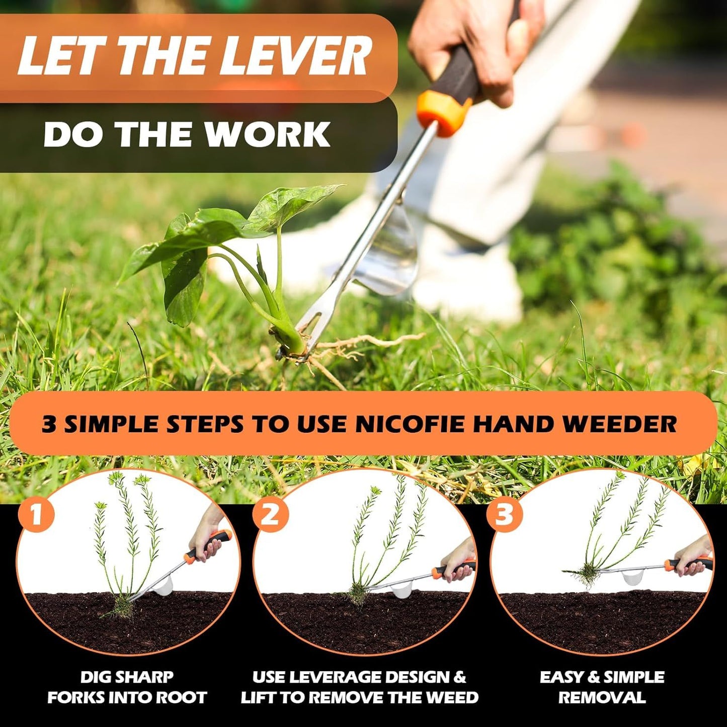 Hand Weeder Tool, Rubber Handle Manual Weeder Puller Tool, Uprooting Weeding Tools, Crack Weeder Crevice, 4 Teeth Weeding Tool, Weeding Artifact Tool for Gardening(3 Pcs)