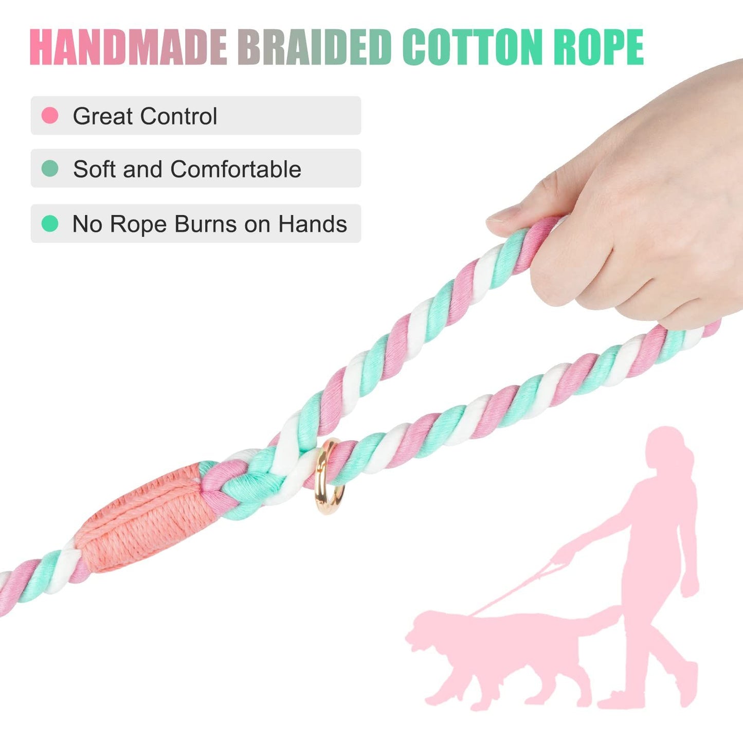 Dog rope 150cm hand woven cotton rope, suitable for small and large dogs, new gold heavy-duty metal buckle (cherry blossom powder 150cm * 1.2cm)