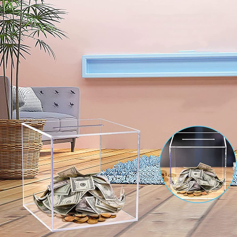Clear Piggy Bank for Adults, Clear Acrylic, Money Tip Change Box to Help Budget and Save, Unopenable Savings Coin Money Jar Box for Adults(Square small size 12 * 12cm)